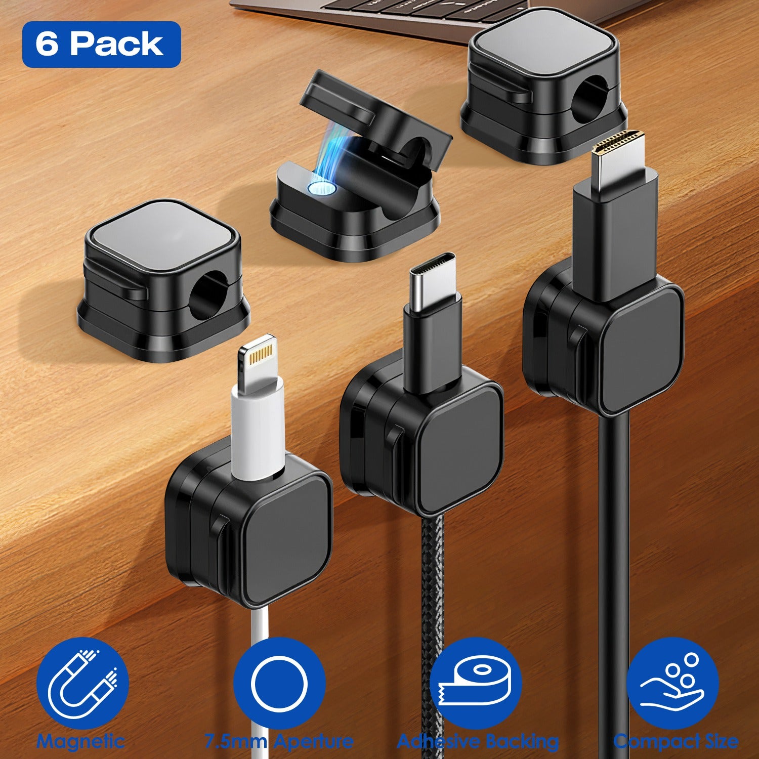 Magnetic Cable Organizer Clips 6-Pack For Daily Desk Setup